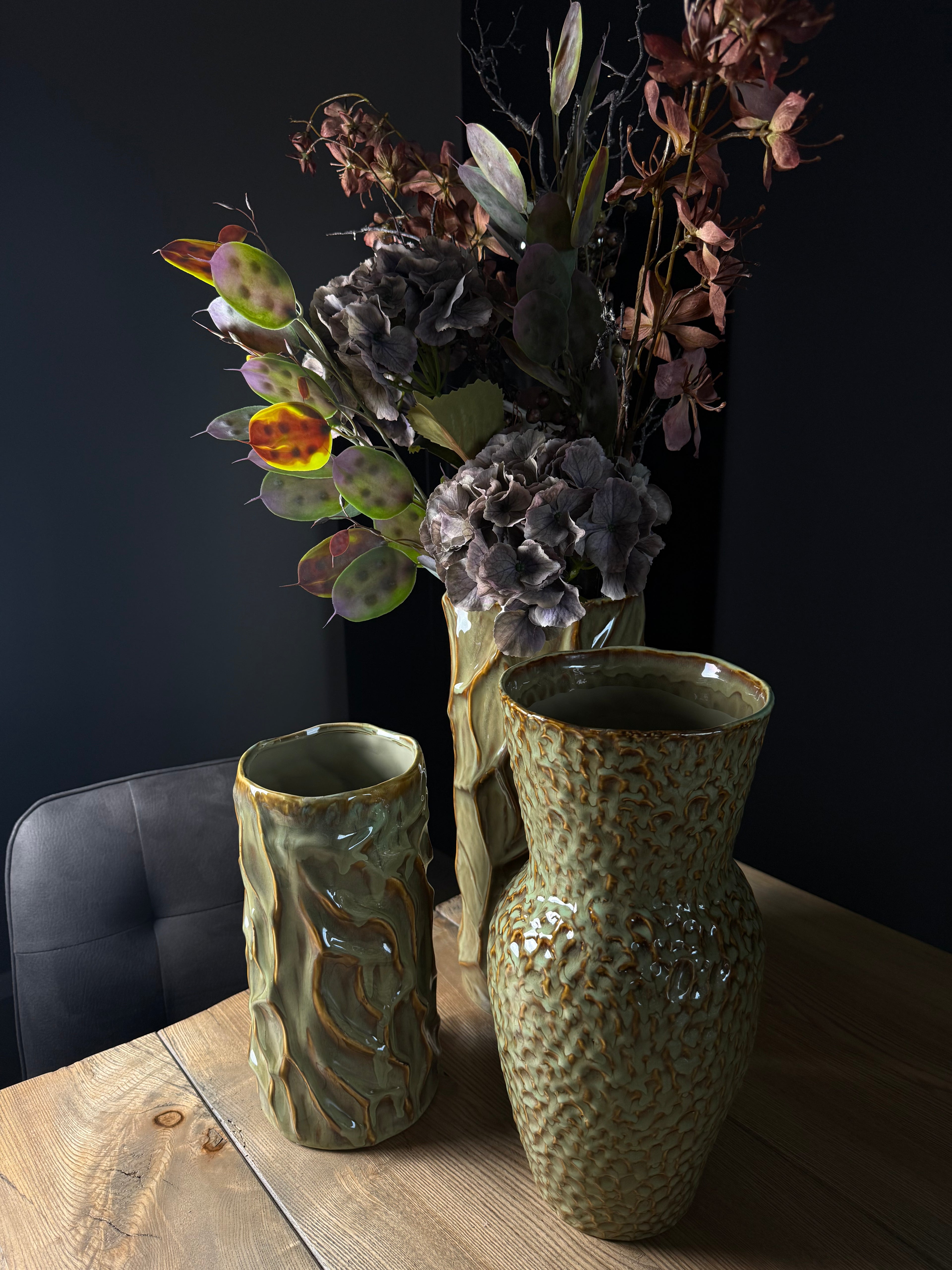 VASEN-SET, FLOWER, GRÜN-COGNAC