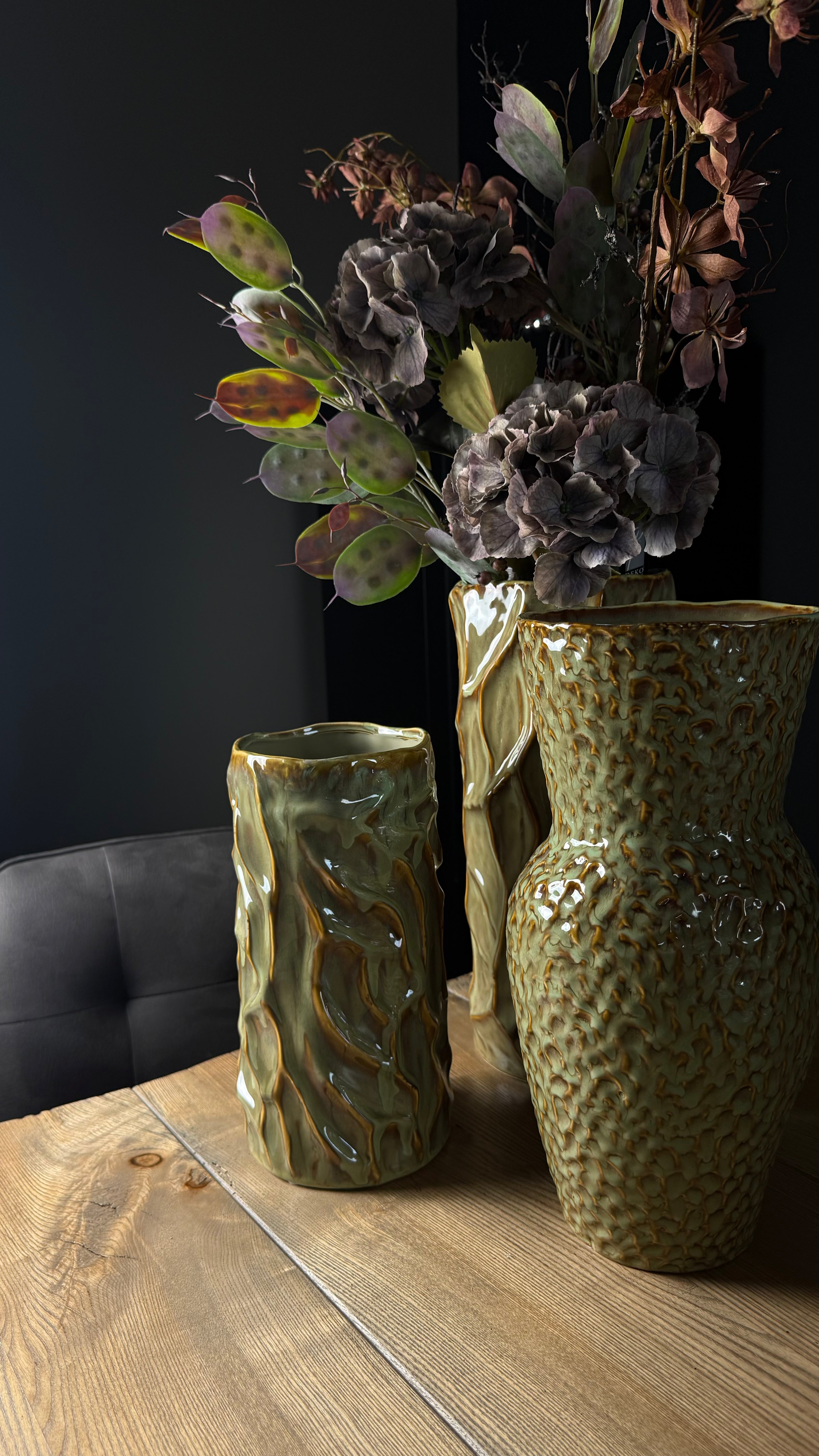 VASEN-SET, FLOWER, GRÜN-COGNAC