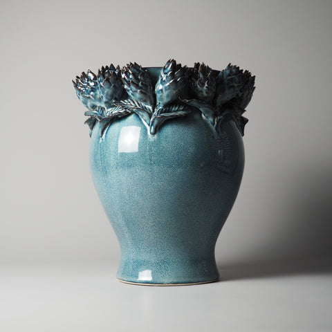 KERAMIK VASE PROTEA-ORNAMENT, BLAU-BRAUN, H 29 CM